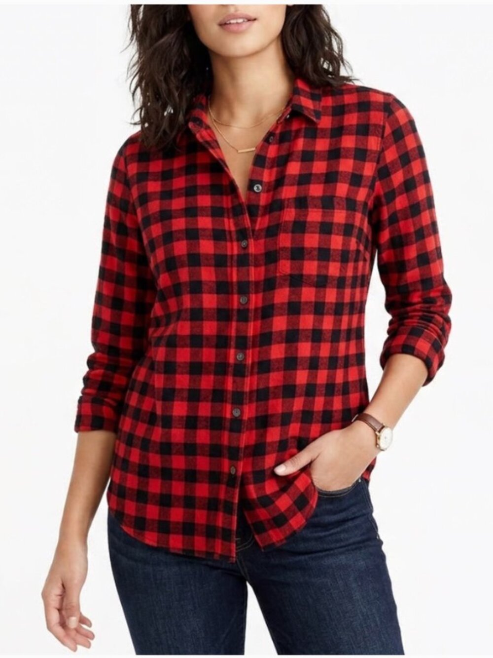 Old Navy Women's Sz Medium The Classic Shirt Button Down Red Black Buffalo Plaid